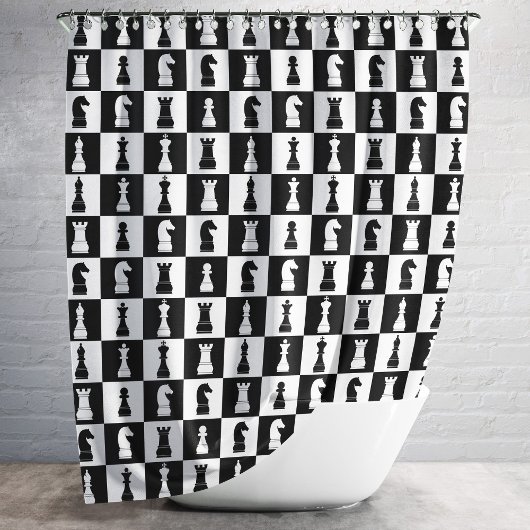 Chess Game Figtern Pattern Black and White Douchegordijn