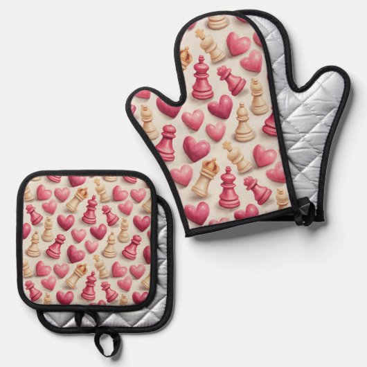 Chess & Hearts Valentines Pattern Ovenwant & Pannenlap Set (Voorkant / Achterkant)