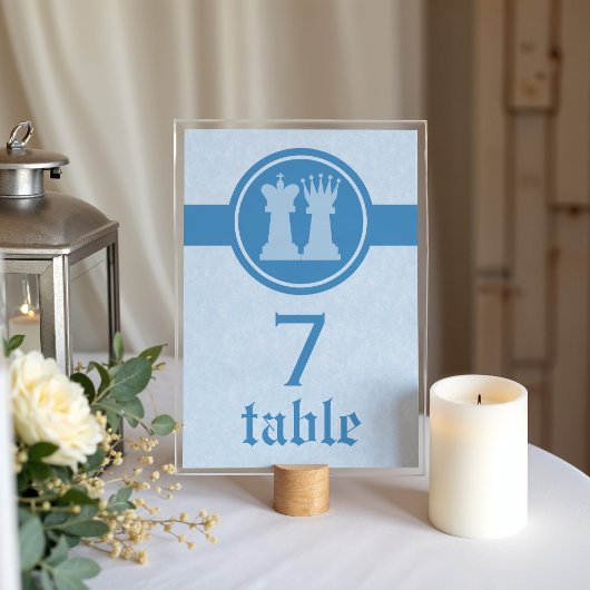 Chess King and Queen Wedding Table Card, Blue Kaart