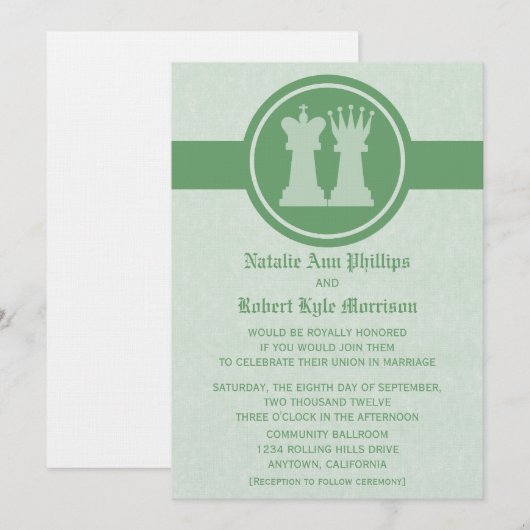 Chess King en Queen Wedding Invitation, Green Kaart (Voorkant / Achterkant)