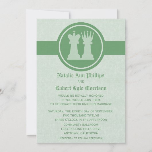 Chess King en Queen Wedding Invitation, Green Kaart (Voorkant)