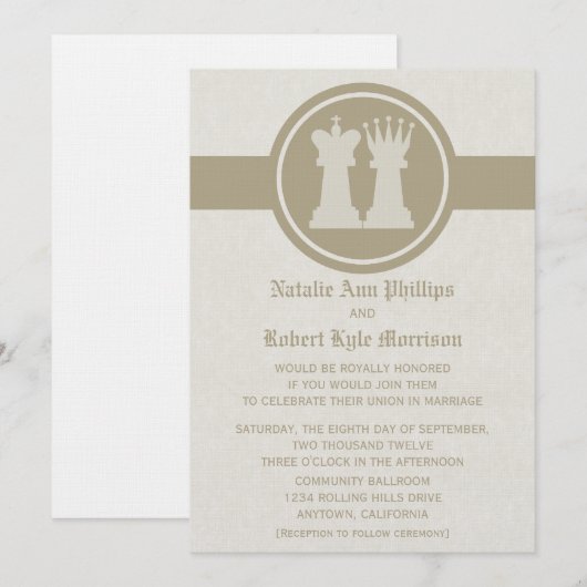 Chess King en Queen Wedding Invitation, Latte Kaart (Voorkant / Achterkant)