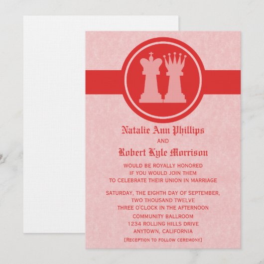 Chess King en Queen Wedding Invitation, Red Kaart (Voorkant / Achterkant)