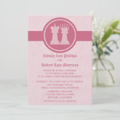 Chess King en Queen Wedding Invitation, Roze Kaart (Staand voorkant)