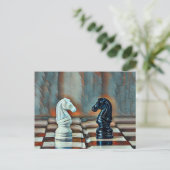 Chess Knight Chess Board Artistic Blue, Oranje Briefkaart (Staand voorkant)
