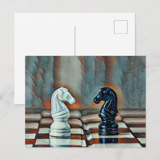 Chess Knight Chess Board Artistic Blue, Oranje Briefkaart (Voorkant / Achterkant)