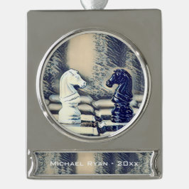 Chess Knight Chess Board Personeelszaken kerstmis Verzilverd Banner Ornament