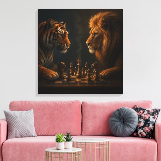 Chess of Kings – Lion vs Tiger Strategic Art Canvas Afdruk (Insitu (Woonkamer))