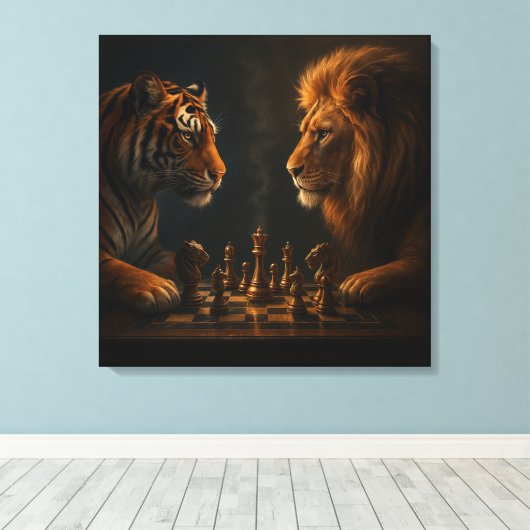 Chess of Kings – Lion vs Tiger Strategic Art Canvas Afdruk (Insitu (Houten vloer))