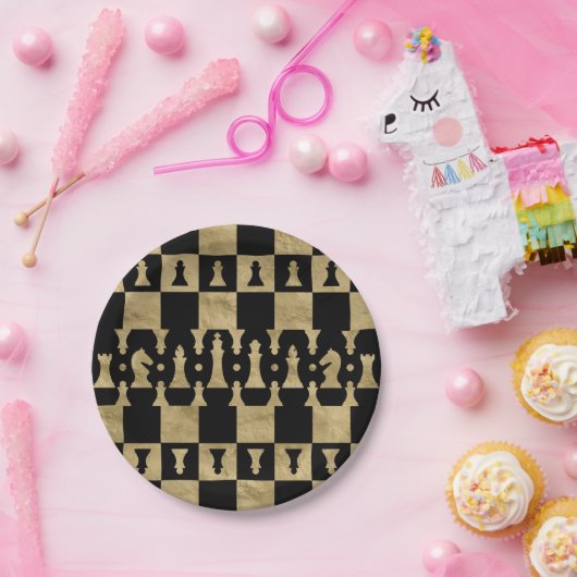 Chess PiessPatroon - zwart en goud Papieren Bordje (Feest)
