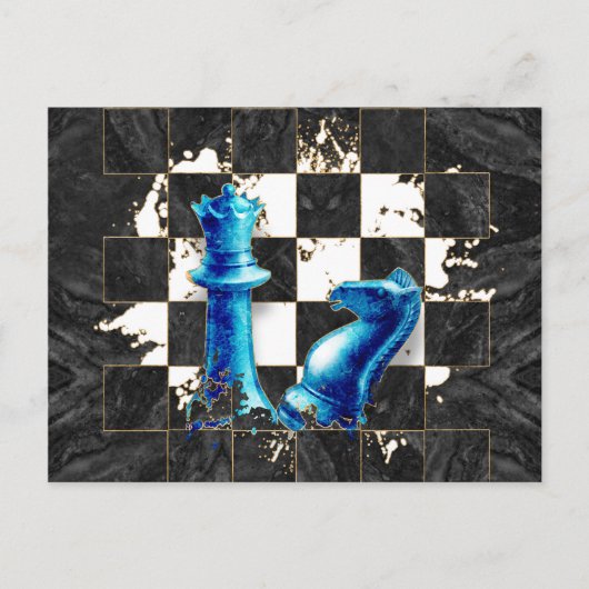 Chess Queen en Knight - Blue Marble Briefkaart (Voorkant)