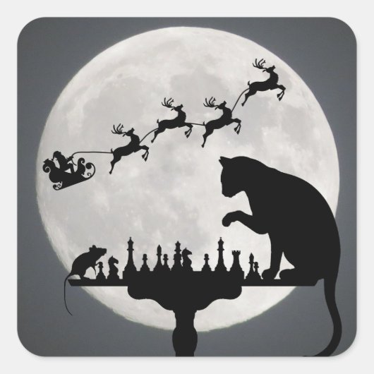 Chess Santa Full Moon Cat en Mouse Game Kerstmis Vierkante Sticker (Voorkant)