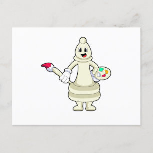 Chess-stuk bisschop als schilder met penseel en kl briefkaart