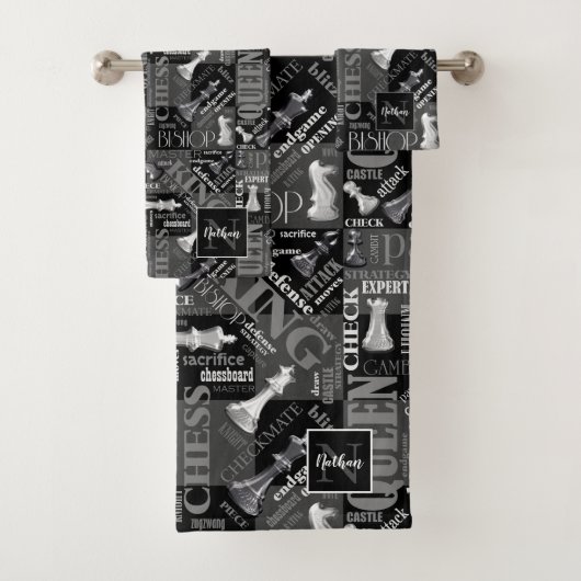 Chess Terms and Piecets Black and White ID784 Bad Handdoek (Insitu)