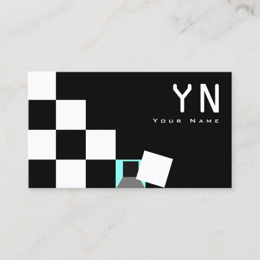 Chessboard Black White, Blauwgroen met monogram en Visitekaartje (Voorkant)