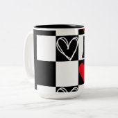 Chessboard Heart Valentijnsdag B&W Tweekleurige Koffiemok (Voorkant links)