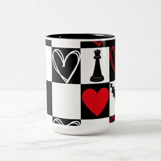 Chessboard Heart Valentijnsdag B&W Tweekleurige Koffiemok (Center)