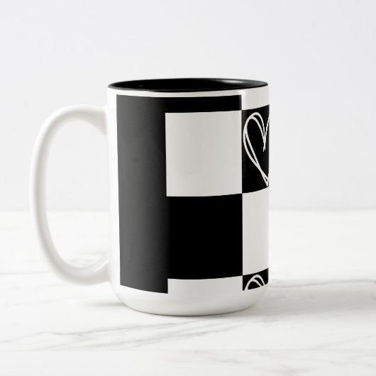 Chessboard Heart Valentijnsdag B&W Tweekleurige Koffiemok (Links)