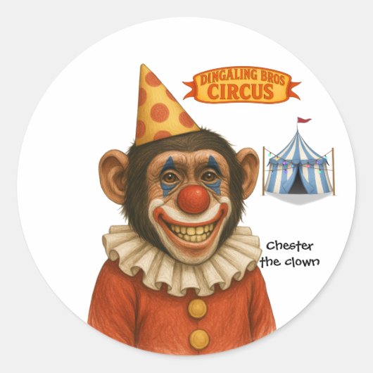 Chester the chimp clown ronde sticker (Voorkant)