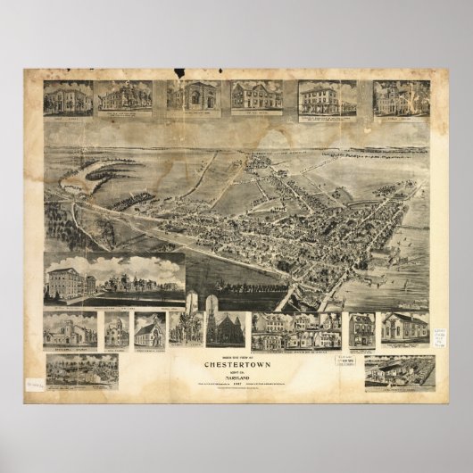 Chestertown Maryland 1907 Antiek Panorama Poster (Voorkant)