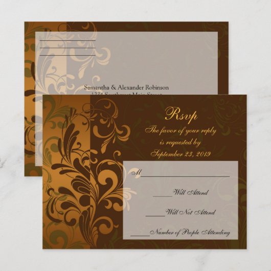 Chestnut Brown Gold/Green RSVP Reply Briefkaart (Voorkant / Achterkant)