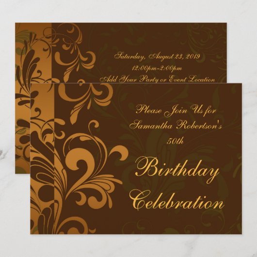 Chestnut Brown Swirl Verjaardagsfeestuitnodigingen Kaart (Voorkant / Achterkant)