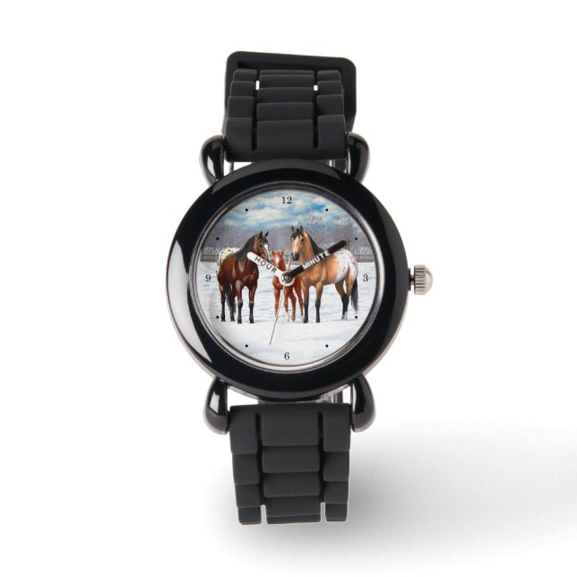 Chestnut Gray Grulla Appaloosa-paarden op sneeuw Horloge (Voorkant)
