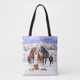 Chestnut Gray Grulla Appaloosa-paarden op sneeuw Tote Bag