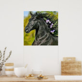 cheval noir crinière fleurie, Papier poster (mat) (Keuken)
