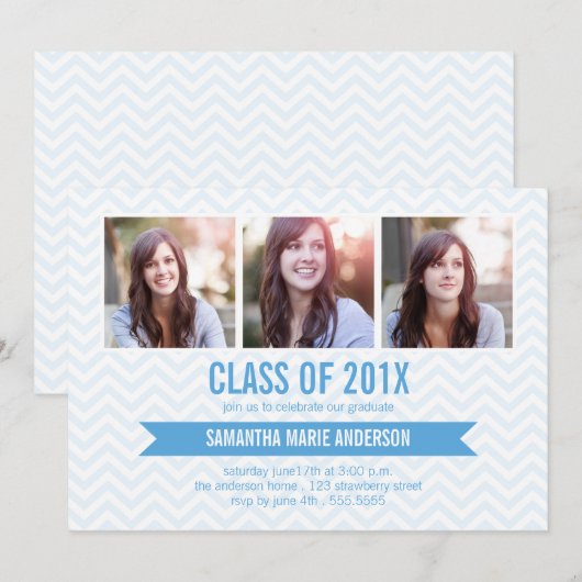 Chevron 3 Foto Afstuderen Uitnodiging - Blauw (Voorkant / Achterkant)
