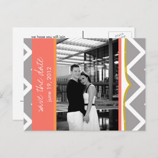 Chevron - Aangepaste Save the Date - Koraal Tanger Aankondigingskaart (Voorkant / Achterkant)