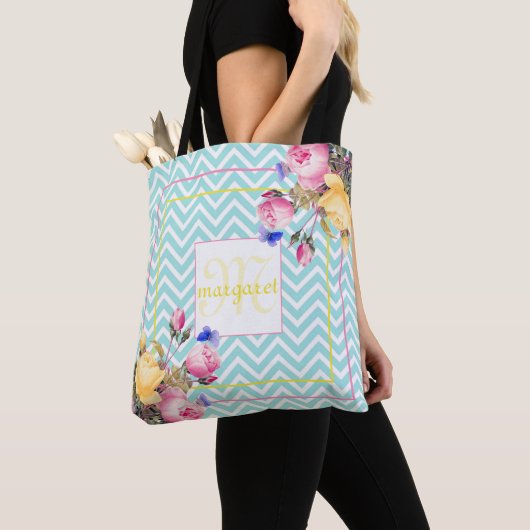 Chevron and Flowers Monogrammed Tote Bag (Dichtbij)