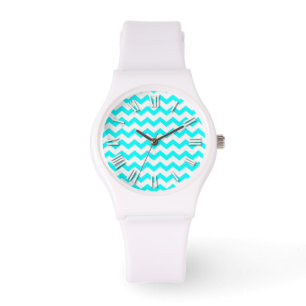 Chevron Aqua Blauwgroen en wit ZigZag Zig Zags Horloge