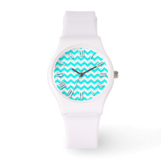 Chevron Aqua Blauwgroen en wit ZigZag Zig Zags Horloge (Voorkant)