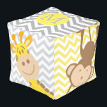 Chevron Baby Dieren | Monogram kubus poef<br><div class="desc">Combinatie van grijze en gele chevron achtergrond met schattige baby dieren aan de zijkanten en een aangepaste monogram in sans serif aan de bovenkant</div>