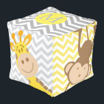 Chevron Baby Dieren | Monogram kubus poef<br><div class="desc">Combinatie van grijze en gele chevron achtergrond met schattige baby dieren aan de zijkanten en een aangepaste monogram in sans serif aan de bovenkant</div>
