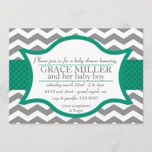 Chevron Baby shower nodigt uit. Grijs en Jade Kaart