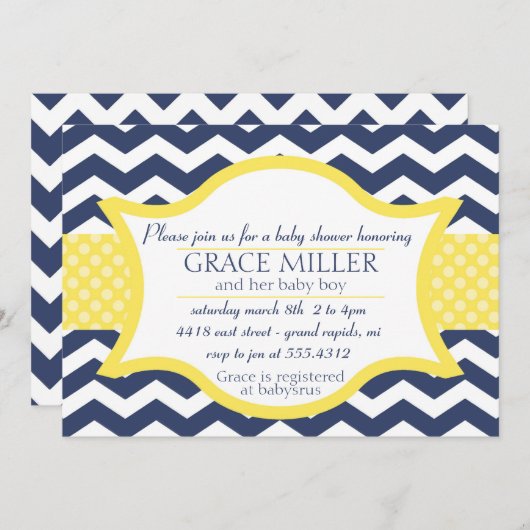 Chevron Baby shower nodigt uit. Navy blauw en geel Kaart (Voorkant / Achterkant)