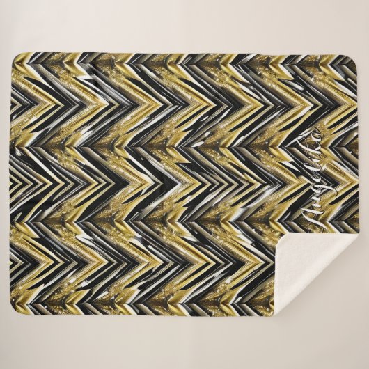 Chevron Black en Gold Persoonlijke naam Sherpa Deken (Voorkant (horizontaal))