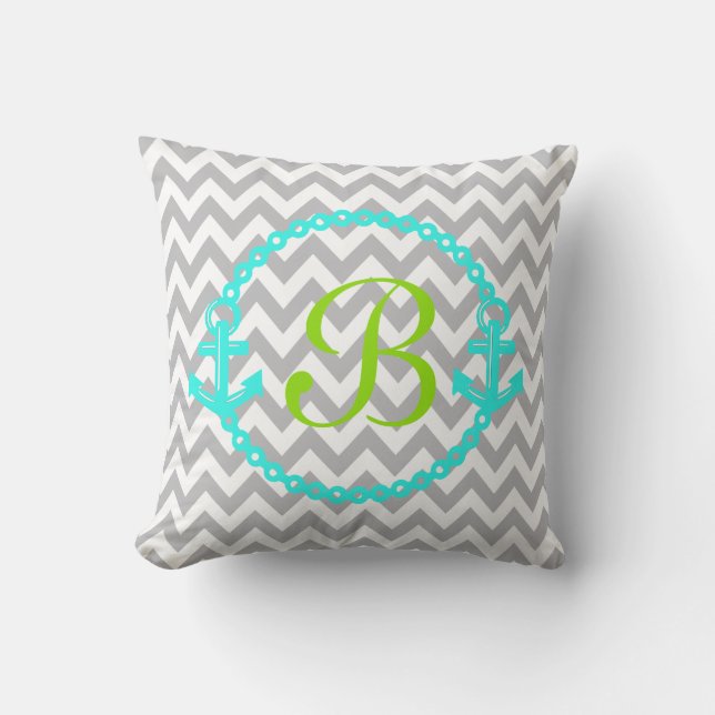 Chevron Blauwgroen en Green Anchor Monogram Pillow Kussen (Voorkant)