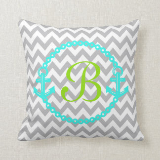 Chevron Blauwgroen en Green Anchor Monogram Pillow Kussen