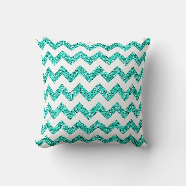 Chevron Blauwgroen Glitter Stripe Zig Throw Couch  Kussen (Voorkant)