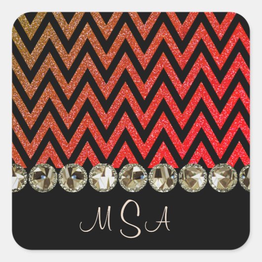 Chevron Bling Red Monogram Glam Jewels Vierkante Sticker (Voorkant)