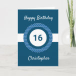 Chevron Blue 16th Birthday Kaart<br><div class="desc">Een gepersonaliseerde blauwe 16de verjaardagskaart voor hem,  die u gemakkelijk kunt personaliseren met de leeftijd die u nodig hebt,  samen met zijn naam op de voorzijde van de kaart. U kunt het binnenkaartbericht gemakkelijk personaliseren als u wilt. Deze blauwe,  gepersonaliseerde 16e verjaardagskaart voor hem zou een groot goed zijn.</div>