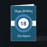 Chevron Blue 18th Birthday Kaart<br><div class="desc">Een gepersonaliseerde blauwe 18e verjaardagskaart,  die u gemakkelijk kunt personaliseren met zijn naam op de voorzijde van de kaart. U kunt het binnenkaartbericht ook personaliseren als u wilt. Deze gepersonaliseerde 18e verjaardagskaart voor hem zou een groot goed zijn.</div>