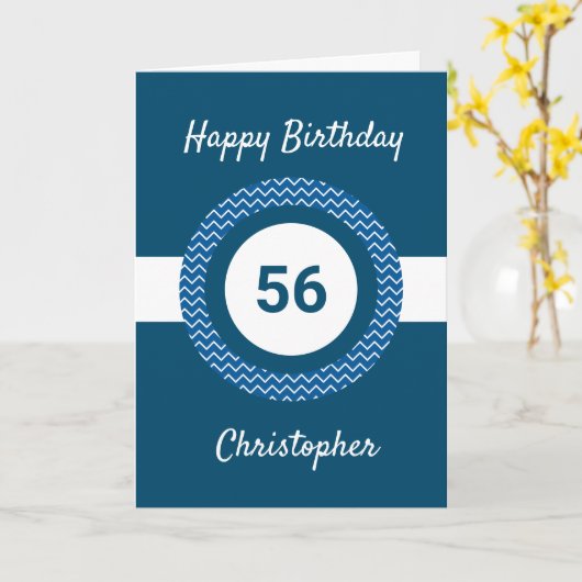 Chevron Blue 56th Birthday Kaart (Gele Bloem)