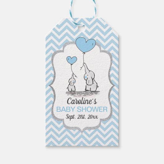 Chevron Blue Elephant Baby shower dank u Cadeaulabel (Voorkant)
