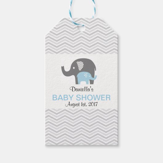 Chevron Blue Elephant Baby shower Label Cadeaulabel (Voorkant)