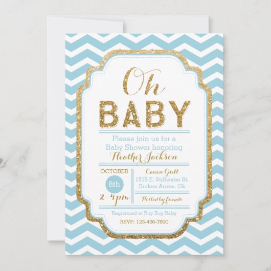 Chevron Blue en Gold Boy Baby shower Invitation Kaart (Voorkant)