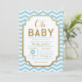 Chevron Blue en Gold Boy Baby shower Invitation Kaart (Staand voorkant)